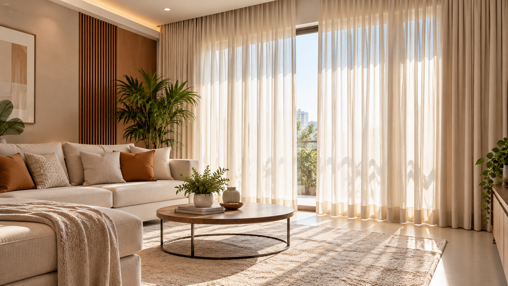 Cortinas claras do teto ao piso em sala de estar contemporânea